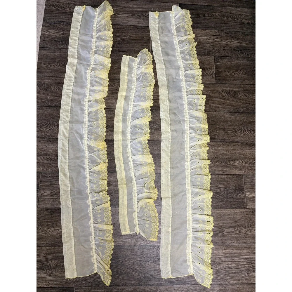 Yellow Ruffled‎ Sheer Window Curtains Set Valances Swags Embroidered Country